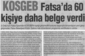 KOSGEB Fatsa'da 60 kişiye daha belge verdi.
