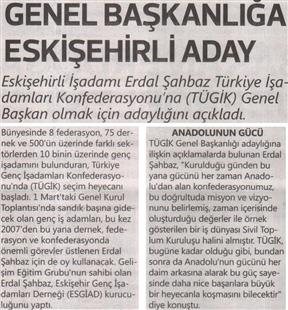 Genel başkanlığa Eskişehirli aday.