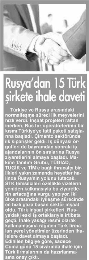 Rusya'dan 15 Türk şirkete ihale daveti.